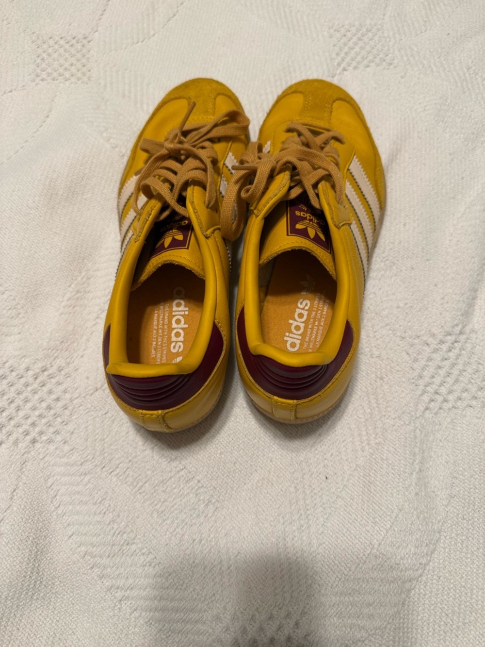 adidas mustard yellow Samba Low-Top Sneakers with Cream Stripes and maroon Heel - Picture 3 of 3
